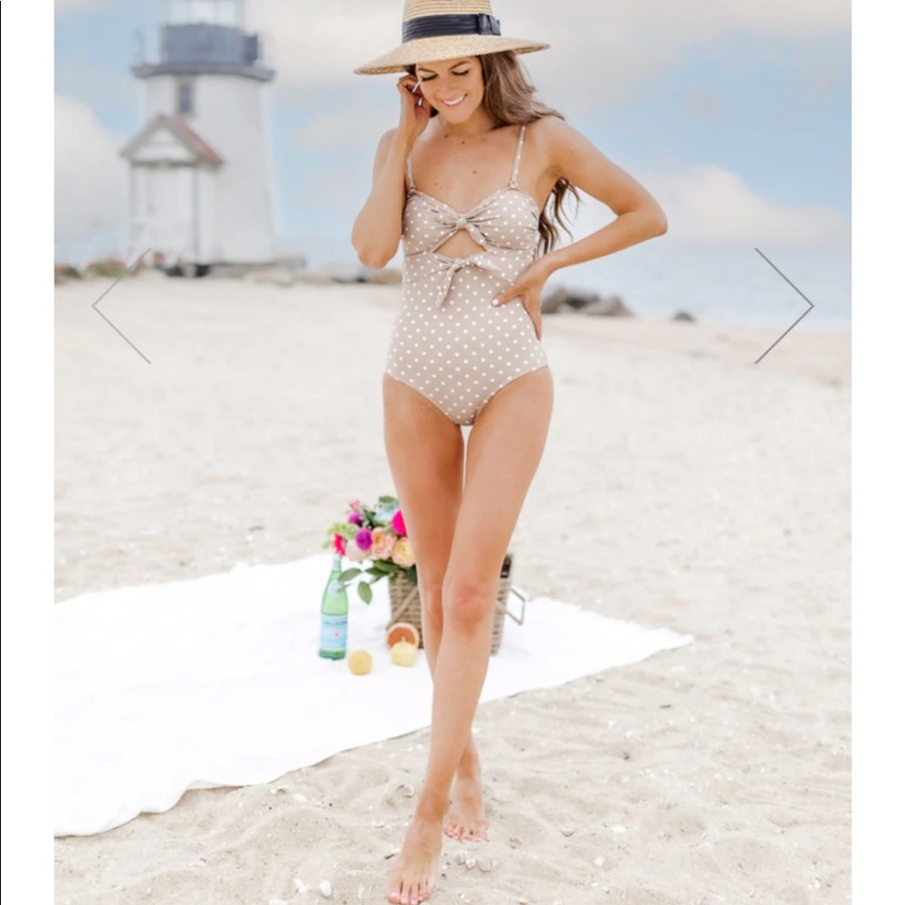 CAITLIN COVINGTON X PINK LILY COZUMEL CUTOUT POLKA DOT TAUPE SWIMSUIT